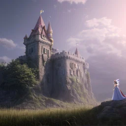 fairy tail castle with beautiful woman and wolf in the foreground