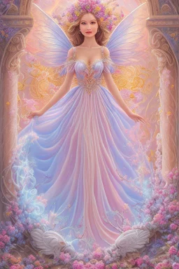 Magnifique woman, lady fairy, facing happy, voluptuous white, pink enchanted flowers, wings magic, long big dress, pink outerspace stars planets, Beautyful smiling, young woman, long hair amazing blue eyes, flowers, happy cosmic, bright colors, blue, pink, gold, jewels, realistic, photo real, clear sunny background, highly detailed, high contrast, 8k high definition, unreal engine 5, extremely sharp detail, light effect, sunny light background