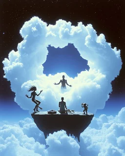 A 1982 dvd screengrab of a supernatural, mystery thriller interesting background, ultra clear resolution, strong balance, surreal and ethereal vibe, expressive power, interesting composition. Strange circumstances. Very unique elements. A group of various species go around time and space and prevent, contain or resolve paradoxes caused by time travelers, cosmic amd abyssal deities, abyssal tears, and various supernatural phenomena. A man lives inside of a cloud. An esoteric and dreamy living sit