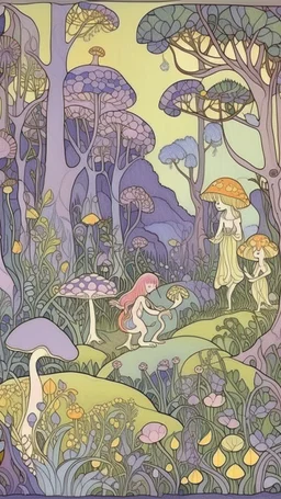 A light purple kingdom with fairies and mushrooms designed in ancient Greek pottery painted by Paul Ranson