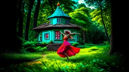 slim nymph dancing in a woodland clearing, with a woodland house behind her. vibrant colour