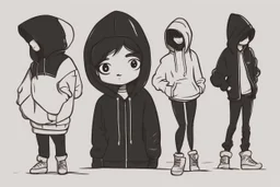 6 simple shaped hand drawn cartoon characters that are cute dark and have hoodies