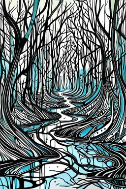 UN DISEÑO ABSTRACTO INSPIRADO EN LA FORMA DE UN RIO ESTRECHO CON MUCHAS BIFURCACIONES Y RAICES DE ARBOLES Y PLANTAS, CON TECNICA DE PUNTILLISMO EN BLANCO Y NEGRO CON ALGUN DETALLE EN COLOR AZUL Y VERDE FUCIONANDOSE DISEÑO APLICADO A UN TATUAJE HAND POKED