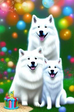 Cute, fluffy, happy looking white Samoyed dog, with a small and cute Corgi sitting next to it, colorful, summer time, birthday, festive atmosphere, detailed, congratulating