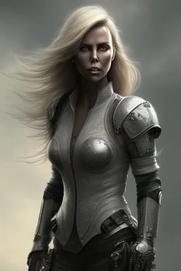 Charlize Theron ,fly hair, mist around, highly realistic, highly detailed, gangsta armor, mist around, smoke