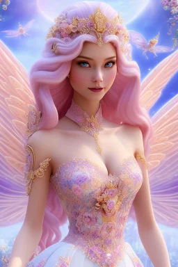 Magnifique woman, lady fairy, facing happy, voluptuous white, pink enchanted flowers, wings magic, long big dress, pink outerspace stars planets, Beautyful smiling, young woman, long hair amazing blue eyes, flowers, happy cosmic, bright colors, blue, pink, gold, jewels, realistic, photo real, clear sunny background, highly detailed, high contrast, 8k high definition, unreal engine 5, extremely sharp detail, light effect, sunny light background