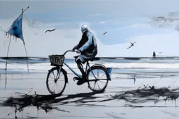 a long-legged lean black-grey monk with ((beak-shaped heads)) (wearing white khiton) riding a bike in front of a boat wreck on a radioactive beach, front view, acrylic painting, minimal art, centered, wild sparse brushstrokes, amazing verticals, great parallels, low bleak colors of gray, blue and black, excellent negative space contrasts