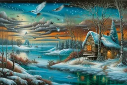Richly textured Hieronymus Bosch, Catrin Welz-Stein, William Turner, Zdzisław Beksiński, Jacek Yerka oil on canvas zentangle line art style mix, surreal frosted fantasyland winter oceanscape, hoarfrost on trees, high grasses, snow and cottages, withered flowers, pale sunrise; paint splatter, beautiful vibrant colors, reflections, SK, flying seagulls, dramatic clouds, snowfall.