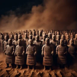 Hyper Realistic Photographic Middle Angle View of The Terracotta Army of the First Emperor of China at dark night with heavy sandstorm showing dramatic & cinematic ambiance