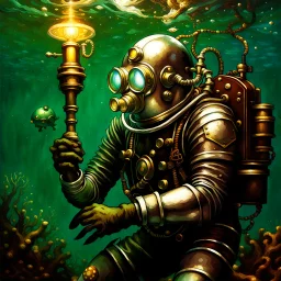 90's tcg art silver steampunk male diver with glowing helmet underwater