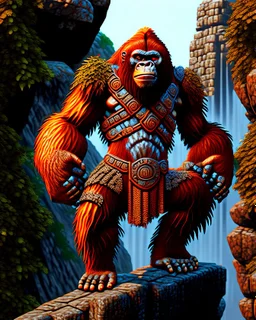 Orangutan Assassin Gothic symmetrical design standing on the edge of a cliff frontal view full body full arms full legs full head full pixel art hyper-detailed hyper-realistic full legs 8k