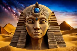 stunning sphinx statue with alien-cate face made of sand in the desert, fantasy, deep colors, high detalied, sharp focus, stars on the sky, surrealistic, sci-fi mood