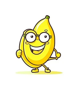 cute line drawing of a funny yellow banana character wearing glasses on a white background.