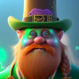 Ultra detailed fullbody of mystic leprechaun with and shamrock,old,fat,orange hair,extremely detailed digital,painting, extremely detailed face ,perfectly centered image, perfect composition, rim light, beautiful lighting,masterpiece,8k, stunning scene, raytracing, anatomically correct,, in the style of Dysney and Pixar,smile