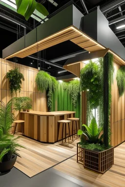 Corner exhibition stand with wood elements and greenery, with meeting areas