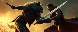 werewolf vs vampire cyberpunk action scene, acrobatic dodge, cape harlekin, morning , cutlass