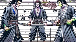 yujiro hanma vs yoriichi tsugukuni, baki vs kimetsu no yaiba, two mans standing in front of each other, a big strong man in black shirt with red hair and evil grin in martial art's stance facing a smaller feminine swordsman with long hair and calm face reaching for his sword in traditional japanese clothes both preparing to fight each other