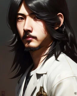 Detailed sad male anime boy with long brown hair, intricate details, full body portrait, keep head in frame, slight, black Japanese motif, concept art, highly detailed, digital painting, concept art, sharp focus, illustration, art by Yoji Shinkawa, WLOP and greg rutkowski and alphonse mucha and artgerm and yanjun Chen and Junji ito and Makoto Shinkai, HDR, octane render