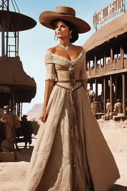 [Movie Poster: in letters: ONCE UPON A TIME IN TE WEST] Claudia Cardinale in her iconic scene of Once Upon a Time in the West (1868): the western train station behind her she discovers the small cowboy city in construction, in the dust. She observes, a shawl draped over her lace-trimmed bourgeois dress, her hair pulled back into a tousled bun. there is dust in the air
