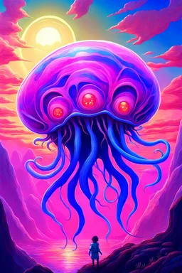 DALL-E 3 P: P: A stunning oil painting in anime style depicting a scary yet colorful creature with translucent, luminous qualities like a jellyfish. The creature has many detailed, iridescent eyes, multiple arms, and large ears. This creature is set against the backdrop of an incredible alien paradise planet at sunset, with vibrant colors and exaggerated perspective. The masterpiece showcases mother of pearl iridescence and holographic whites, creating a terrifying and horror-like atmosphere. Th