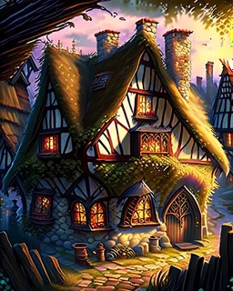 medieval fantasy thatched roof cottage town with stained glass window buildings fairytale rpg art