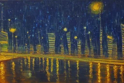 Night, futuristic buildings near trees, highway, people, sci-fi, impressionism, ealistic painting