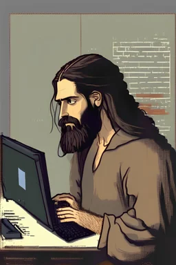 A man with long dark brown hair, a short beard and a ponytail, wearing a shirt, working as a programmer, with his laptop, inside his office; in the style of the Fayyum paintings.