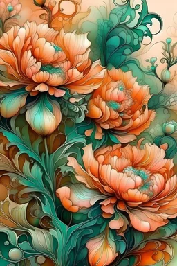 terracotta. dark botanical. juicy watercolor. perfect buds of fluffy furry mystical translucent flowers. on a long thin stem. large dew and sequins. filigree. the smoke fractal. sunny meadow. hyperrealism. hyperdetalization. outline the outline with a black pencil. graceful curves. volume. delicate pastel colors: pink, aquamarine, yellow, green, peach