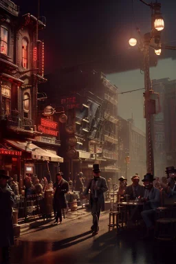 American shot view, cabaret scene, steampunk. old Asian man + little monkey, Sunglasses, smoking, happy, hot. Many people background, highly detailed, concept art, unreal engine 5, god rays, ray tracing, RTX, lumen lighting, ultra detail, volumetric lighting, 3d, finely drawn, high definition, high resolution.