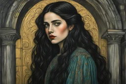 create a 3/4 profile, full body oil pastel of a dark haired, savage, ornately dressed, vampire girl with highly detailed , sharply defined hair and facial features , in a dismal 13th century crypt in the Pre-Raphaelite style of JOHN WILLIAM WATERHOUSE