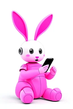 Soft Pink Bunny robot working on a smartphone
