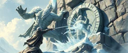 epic fantasy illustration, ice giant throwing pushing marble stone sculpture into wall