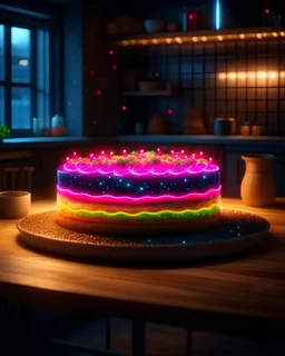 Delicious galaxycake on a dining table in the kitchen, comfortable light ,romantic light, ultradetails ,photorealistic, realistic ,gel lighting, Cinematic, Filmic,mediumshot, 4k, Front-light, Cinematic Lighting, volumetric Light, Ray Tracing Reflections, Chromatic Aberration, photography, hyper realistic, 4k, 8k