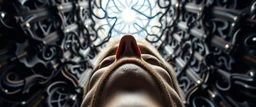 weird perspective close up portrait looking down on cam, with background in the style of escher and giger, a chill contrapunctus fugue in the style of fsol, beethoven, goa trance breaks, dancefloor drum and bass,