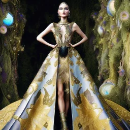 stunning extrem opulent haute couture gown designed by Marchesa inspired by fairies, realistic epic elegant fantasy color mix of black and gold and dark red,decorated with precious stones, detailed, high quality, intricate, fantasyland background,