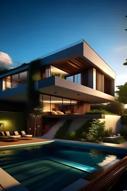 facade high standard residence; neocontemporary architecture; Hanging garden; concrete and wood surfaces; visual continuity; cubic volumes; asymmetric deployment; panoramic window; artificial pool with lighting; paradisiacal landscape of the Brazilian coast; sunrise; photography; rich in details; 3d modeling; Vivid colors; --ar 16:9