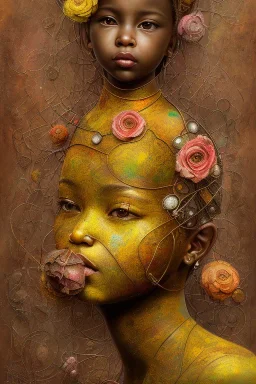 an abstract painting of rusted metal and flowers, heart filled with love African slave baby, rust, scaffolding, iron cladding, decay, mixed media, textured, anatomically correct, beautiful perfect face, sharp focus, highly detailed