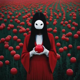 a no face woman with mask standing in a field holding red ball, inspired by Ren Hang, design milk, long black hair, whites, wanderers traveling from afar, trending on artisation, cloning spell, coat pleats, in twin peaks, submarine, by Helen Thomas Dranga, symetry, round-cropped, noire photo