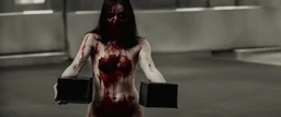 a faceless woman covered in blood holding up an empty black box