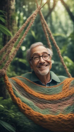 close up portrait of a happy blissed professor woven into a sacred geometry knitted tapestry hammock over a ant hill in the middle of lush magic jungle forest, bokeh like f/0.8, tilt-shift lens 8k, high detail, smooth render, down-light, unreal engine, prize winning