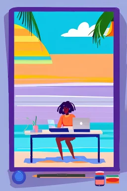 Create a lofi colorful illustration with a lady working on her computer with a beach scene