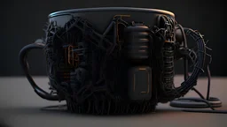 Futuristic black gadget mug made with engine parts and wires dysoptia cyberage HAWKEN postapocalyptic dysoptia scene photorealistic uhd 8k VRAY highly detailed HDR