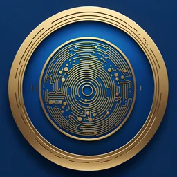 a gold and blue logo in a circle, fingerprint that looks like circuit board traces