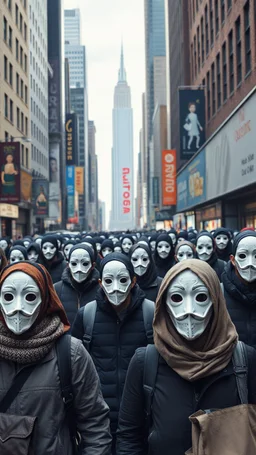 Bosch painting style . In 3D people covered all faces with a white masks including eyes walking in busy New York with no face expressions