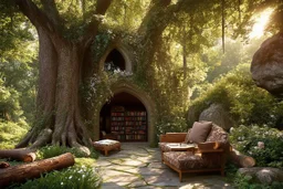 Panoramic Library Gardens: Medieval fantasy meets ancient nature. Winding stone paths under towering trees form a living cathedral. Vines and flowers cascade, while plants cling to ancient trunks. Natural seating areas of smoothed boulders and fallen logs. The library, built of fieldstone and timber, emerges from the landscape with large openings. Dappled sunlight illuminates quiet reading nooks. Style: natural textures, light play. Colors: deep greens, earth tones, jewel-toned flowers, golden