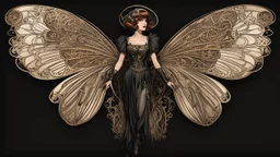 Full Body, Art Nouveau Woman With A Bob With A Fringe Hairstyle, 1920s Clothing, Steampunk Metal Moth wings, Black Background