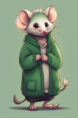 Green opossum wearing cardigan cute cartoonish art