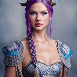 beautiful viking queen with purple armor, delicate blue braided hair, white flowing dress, highly detailed, 8k, ambient light, taylor swift