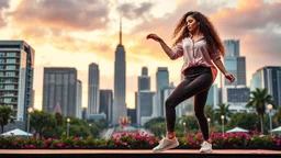 beautiful lady with makeup in pants and pretty shirt curvy long hair sport shoes dancing in a open stage in a modern city cnter,modern city escape at dintant ,flowers and trees ,pretty clouds