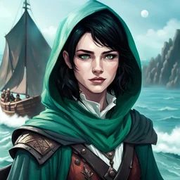 dungeons & dragons; portrait; female; teenager; pale skin; short black hair; sea green eyes; warlock; the fathomless; clothes for sea travel; hood; soft; smile; sailing; young